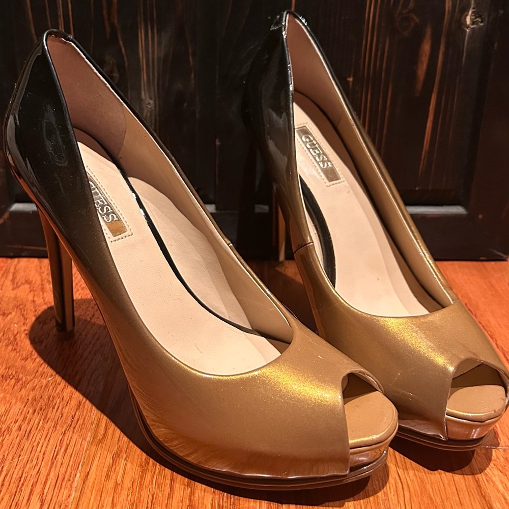 Guess Gold and Black Peep Toe Heels